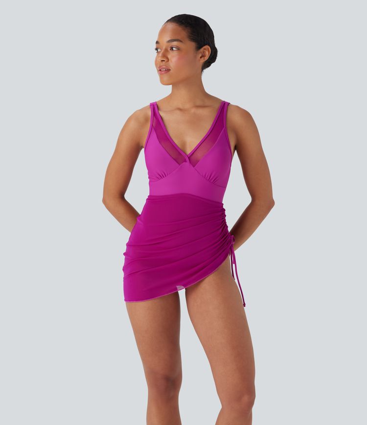 Backless Adjustable Strap Contrast Mesh Drawstring One Piece Swimsuit