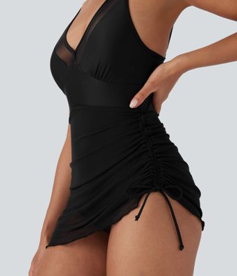 Contrast Mesh Drawstring One Piece Swimsuit