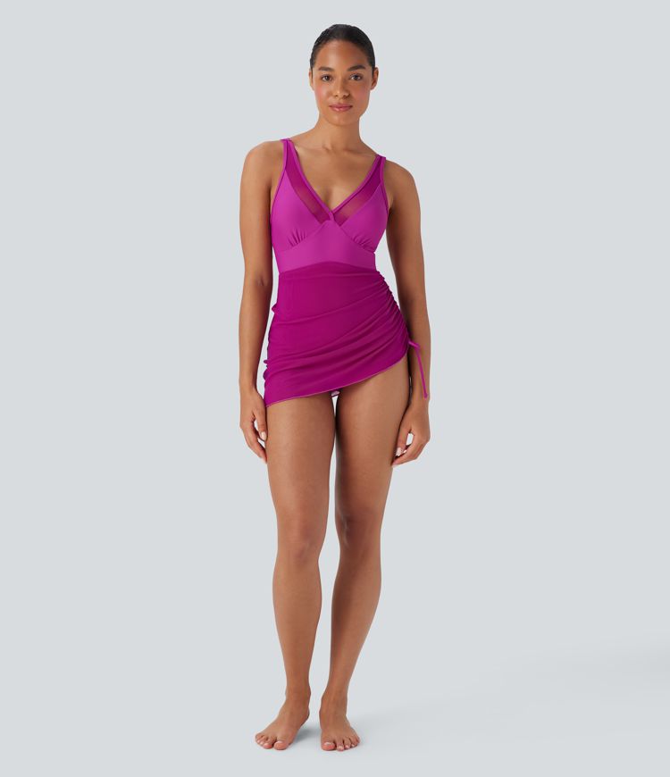 Contrast Mesh Drawstring One Piece Swimsuit