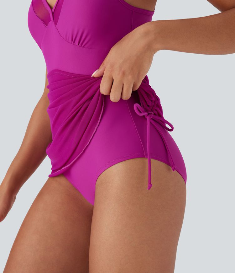 Contrast Mesh Drawstring One Piece Swimsuit