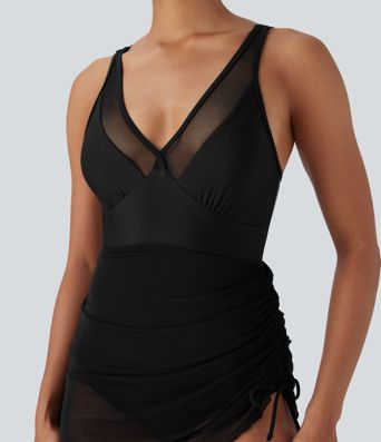 Contrast Mesh Drawstring One Piece Swimsuit