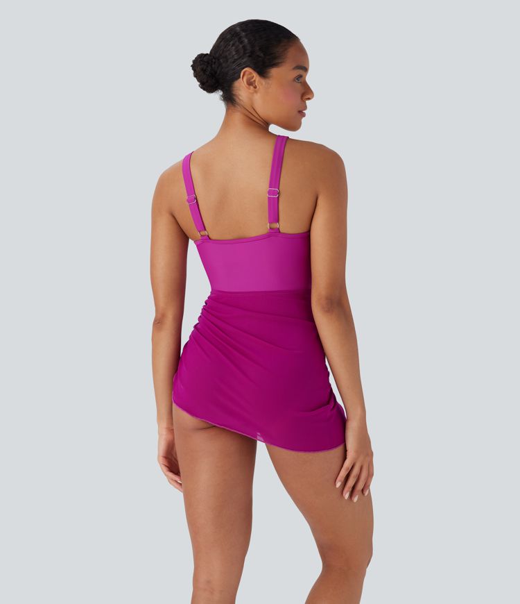 Contrast Mesh Drawstring One Piece Swimsuit