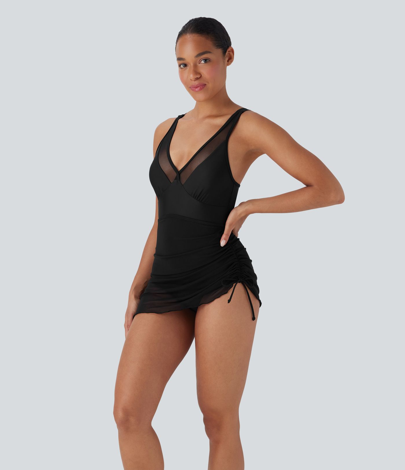 Contrast Mesh Drawstring One Piece Swimsuit