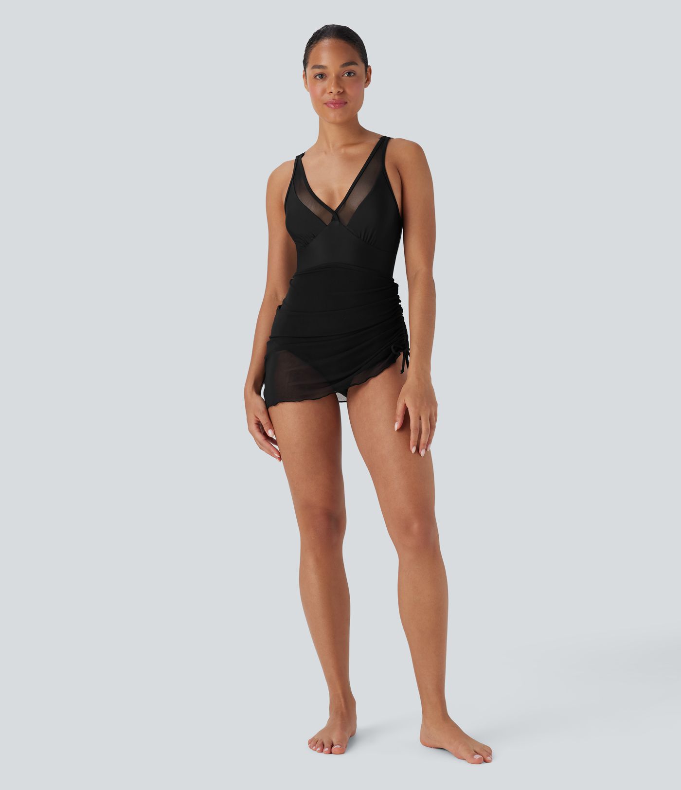 Contrast Mesh Drawstring One Piece Swimsuit