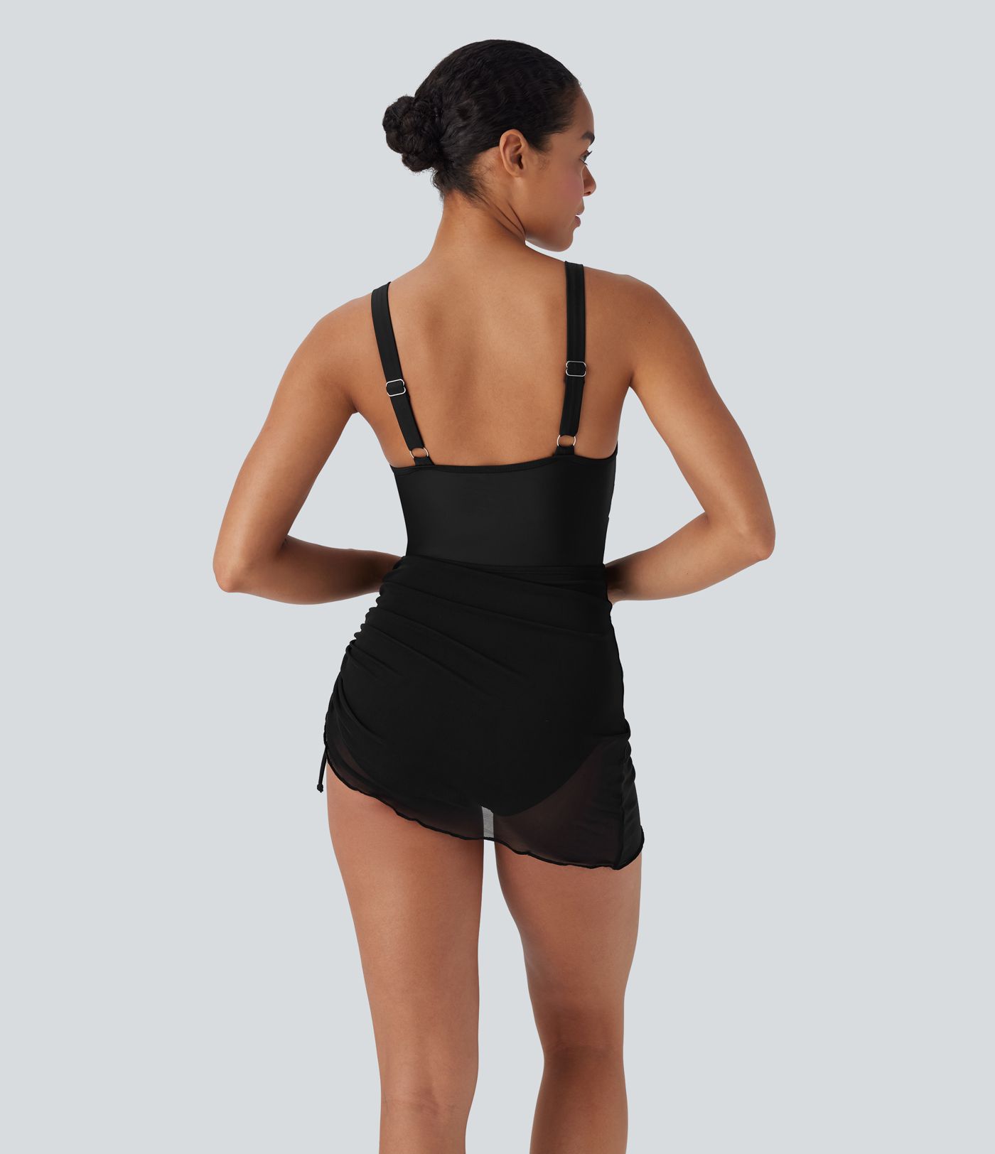 Contrast Mesh Drawstring One Piece Swimsuit