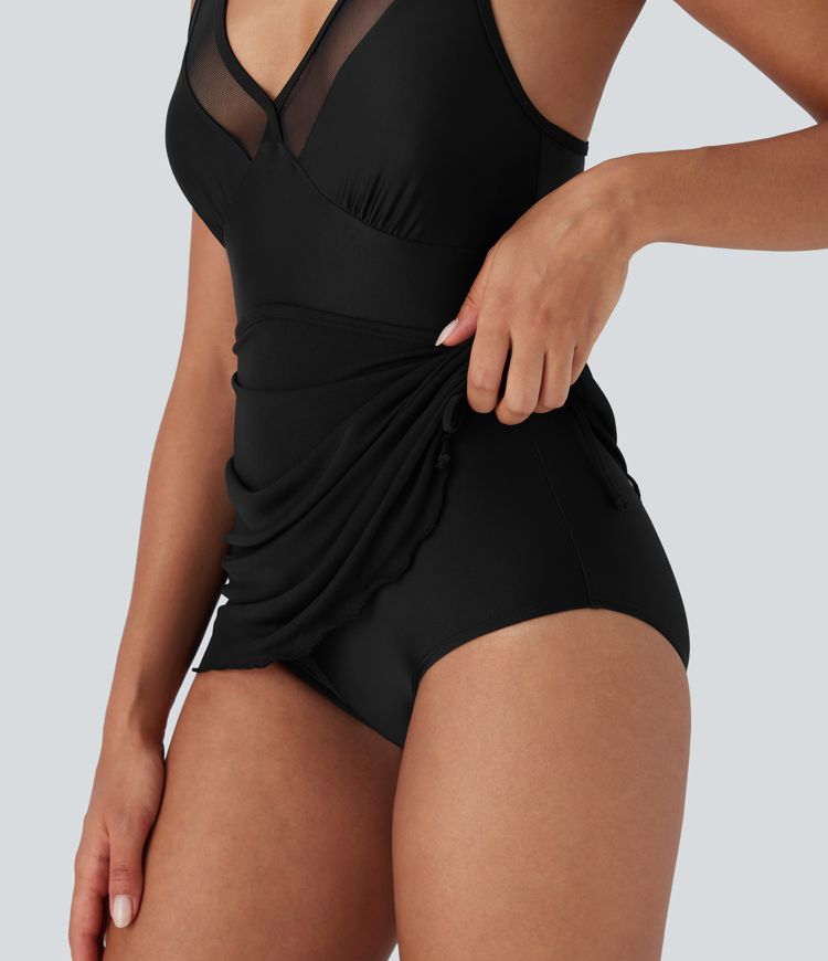 Contrast Mesh Drawstring One Piece Swimsuit