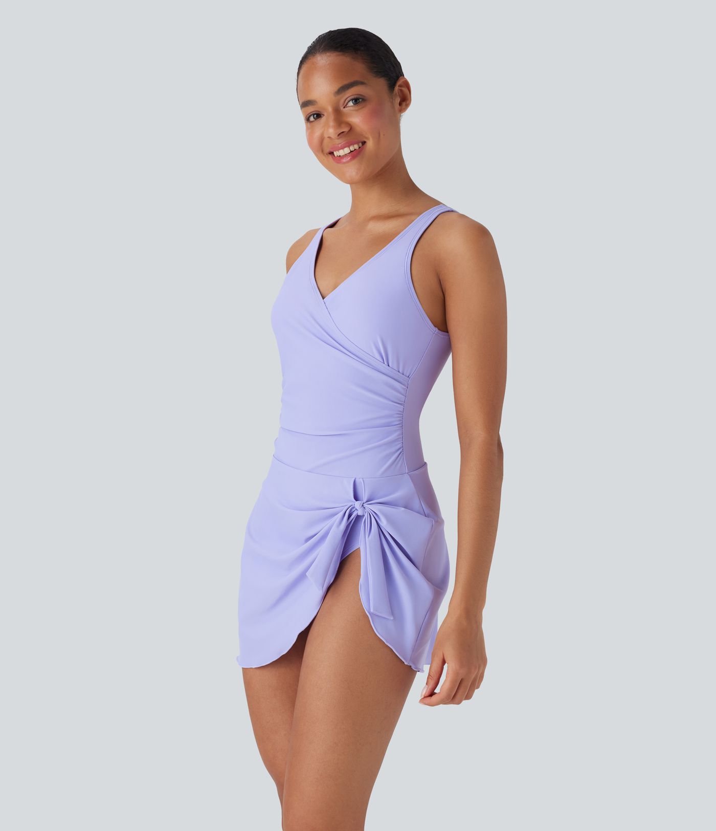 Crossover V Neck Backless Ruched Asymmetric Tie Hem 2-in-1 Tummy Control One Piece Swimsuit