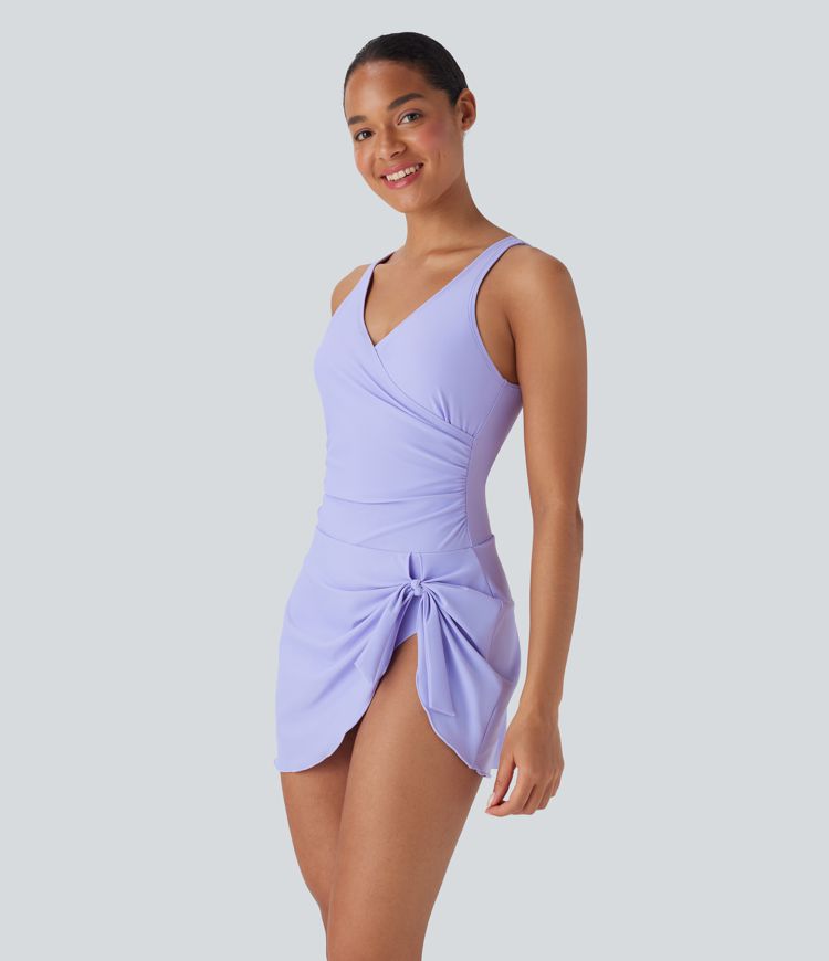 Crossover V Neck Backless Ruched Asymmetric Tie Hem 2-in-1 Tummy Control One Piece Swimsuit
