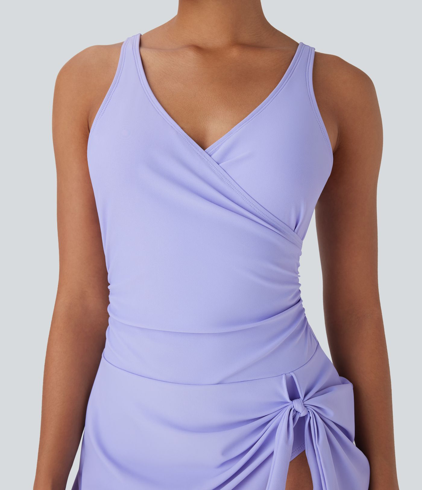 Crossover V Neck Backless Ruched Asymmetric Tie Hem 2-in-1 Tummy Control One Piece Swimsuit