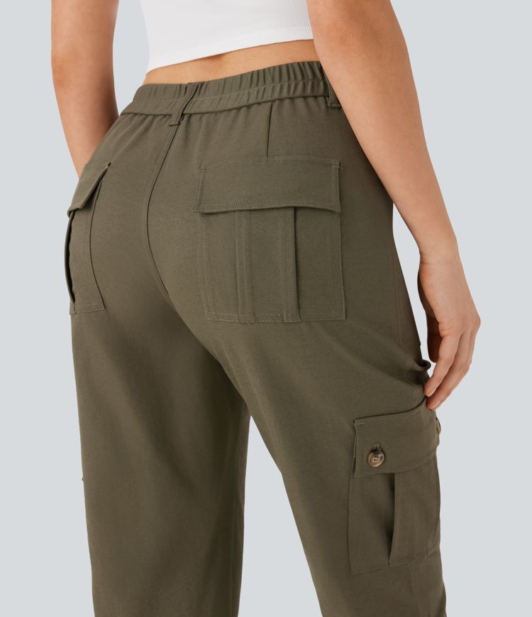Mid Rise Rolled Hem Casual Cargo Pants with Flap Pockets