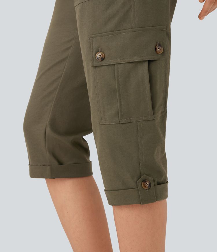 Mid Rise Rolled Hem Casual Cargo Pants with Flap Pockets