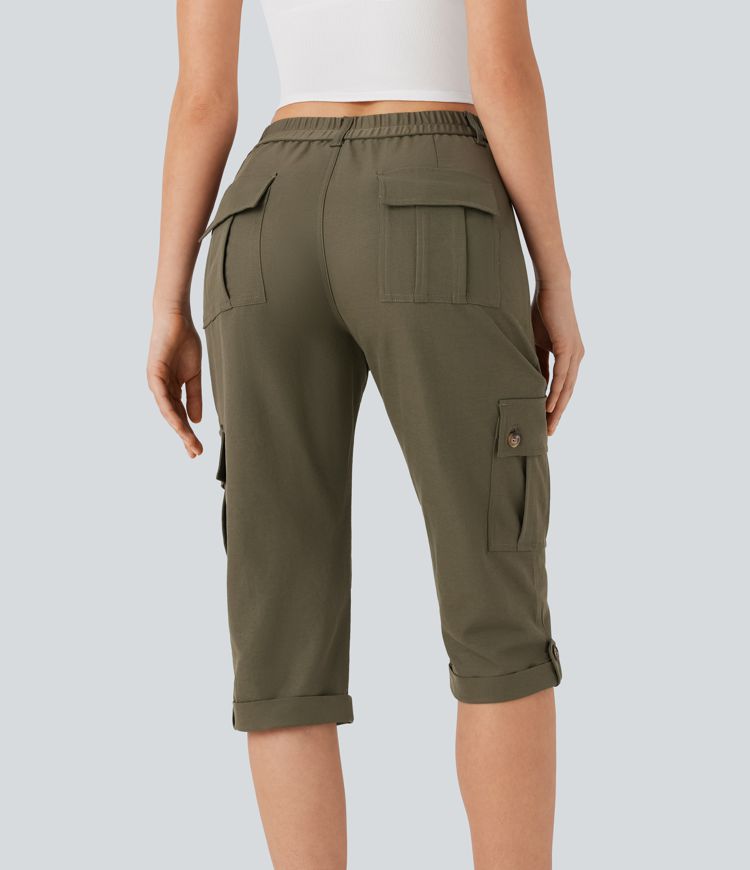Mid Rise Rolled Hem Casual Cargo Pants with Flap Pockets
