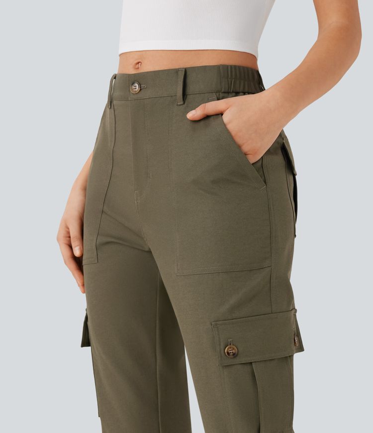 Mid Rise Rolled Hem Casual Cargo Pants with Flap Pockets