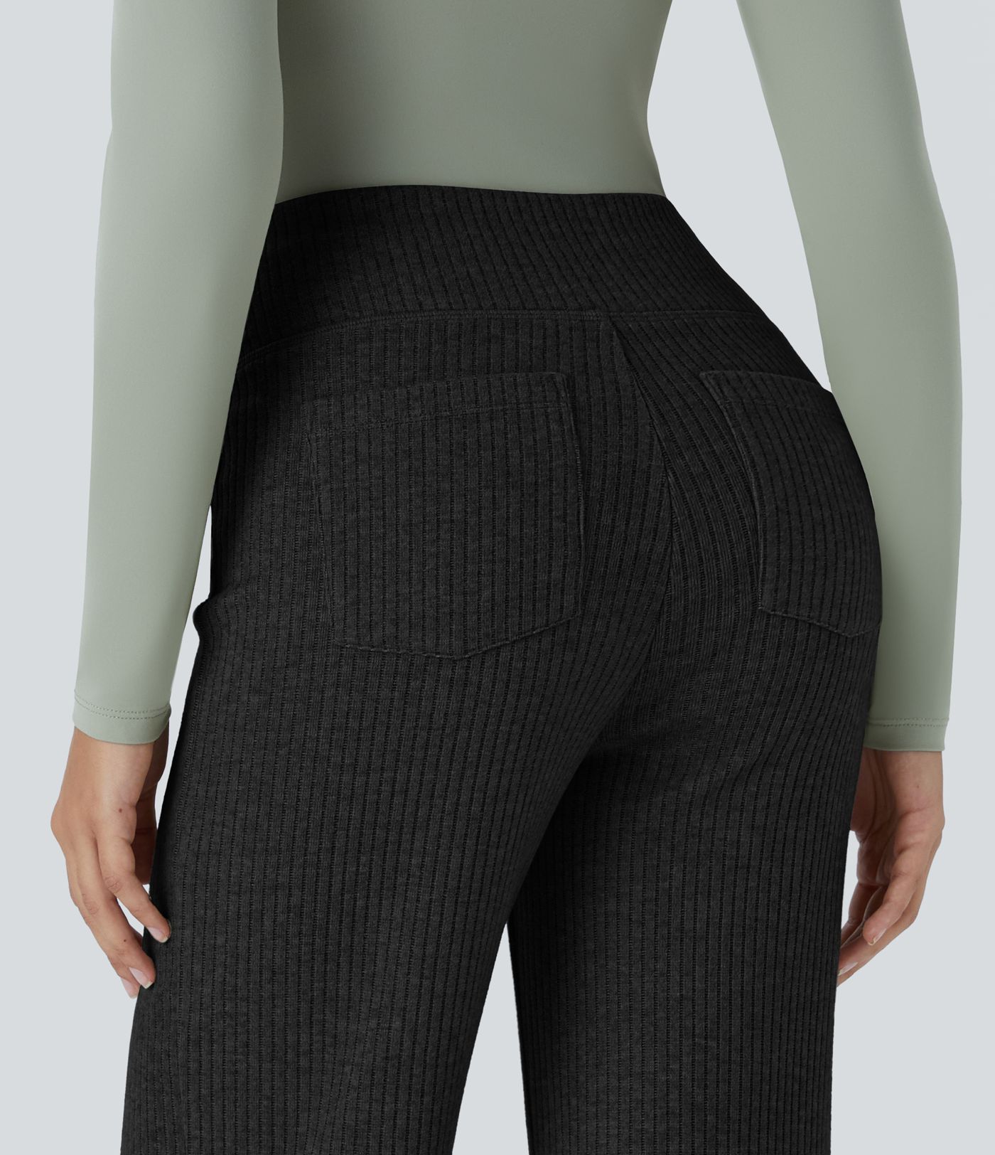 Ribbed knit high waist back pocket casual flare pants