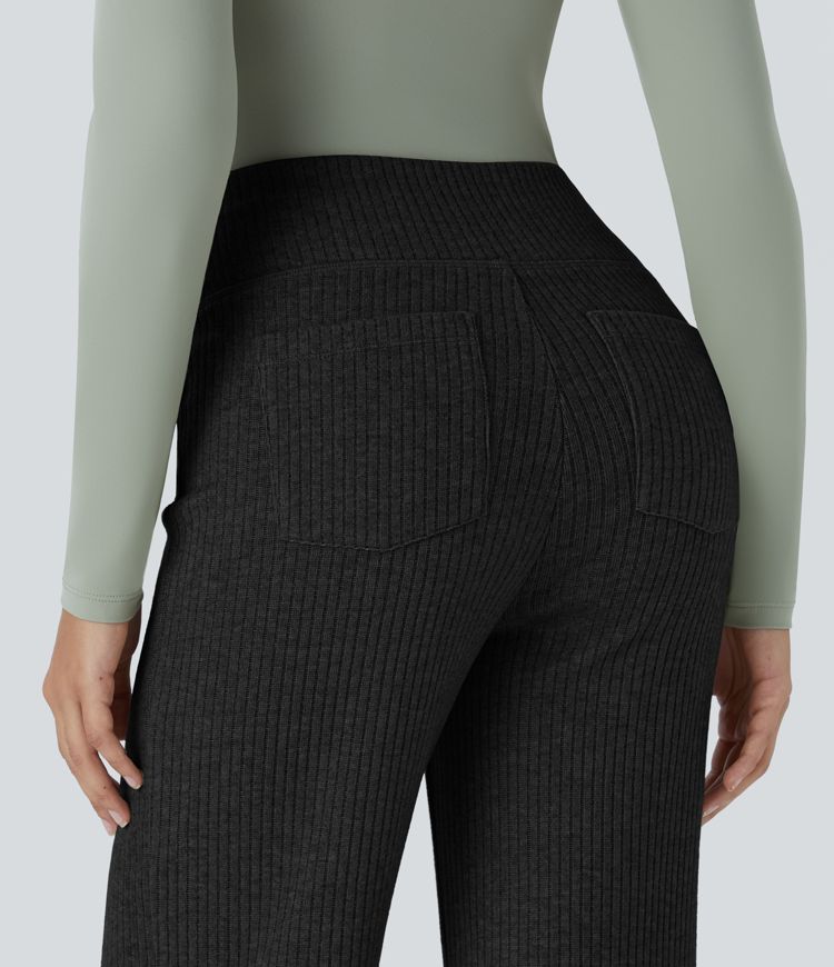 Ribbed knit high waist back pocket casual flare pants
