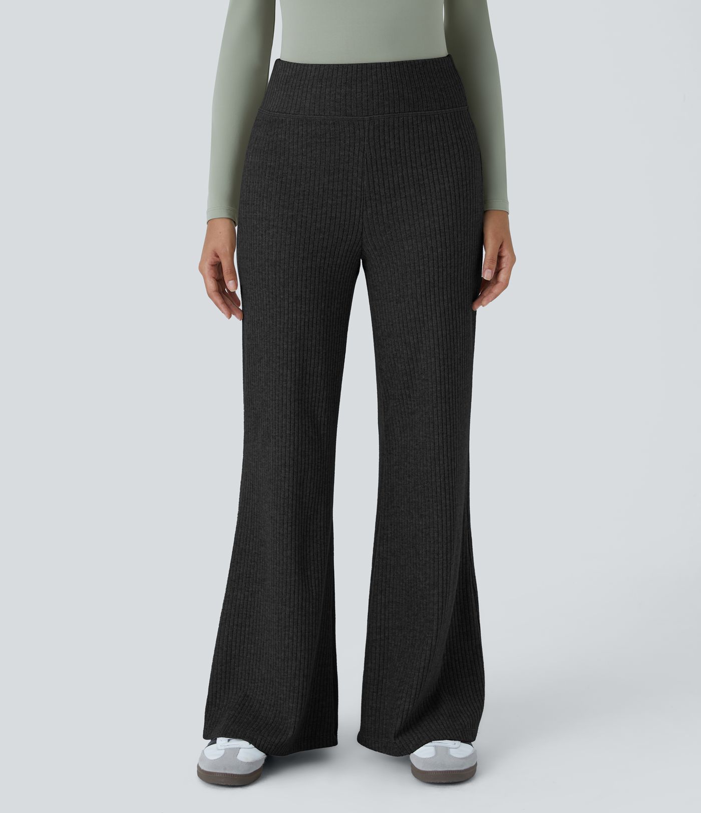 Ribbed knit high waist back pocket casual flare pants