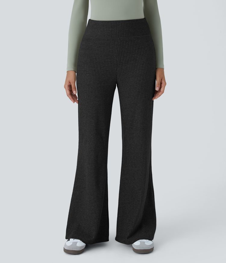 Ribbed knit high waist back pocket casual flare pants