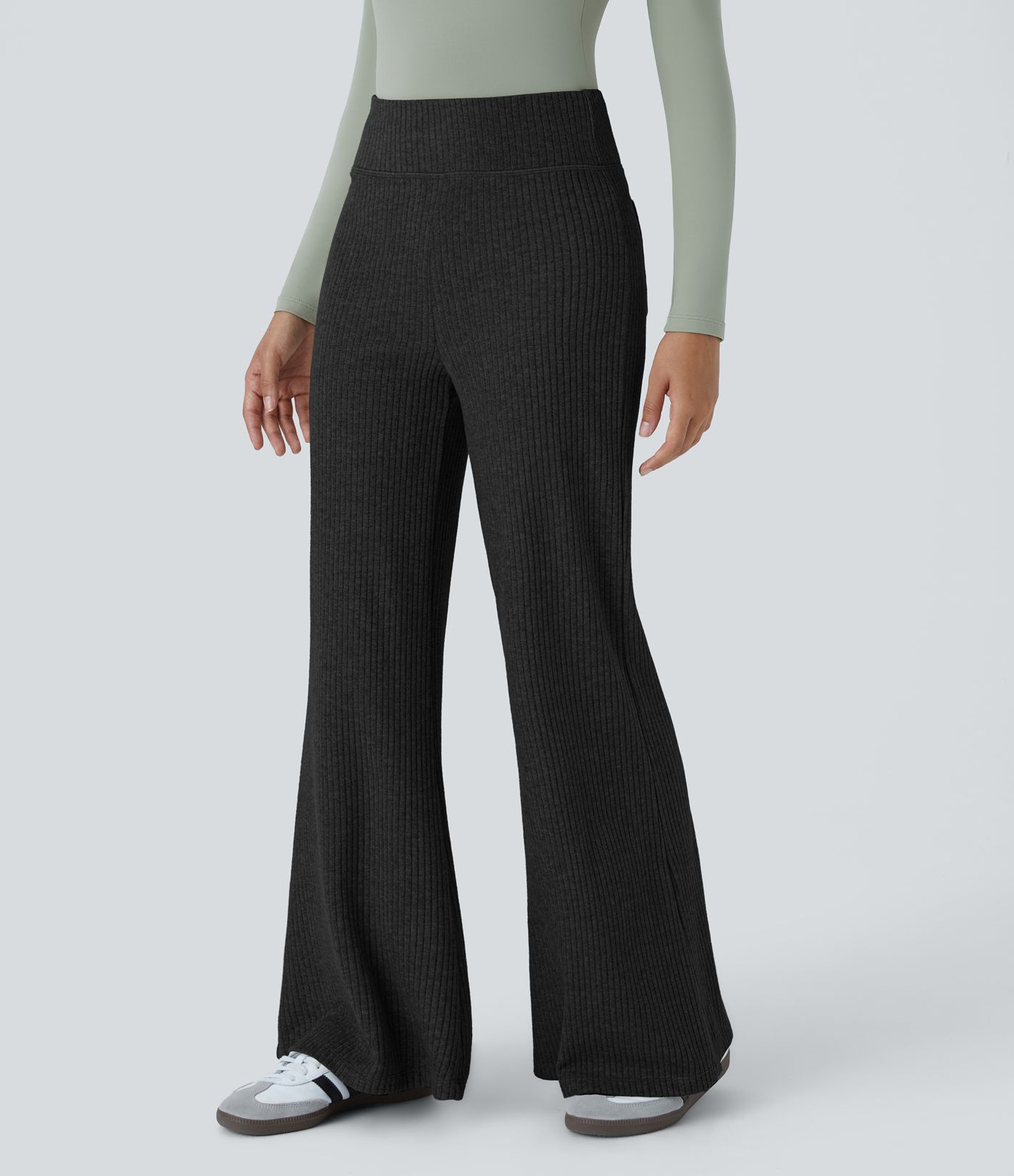 Ribbed knit high waist back pocket casual flare pants