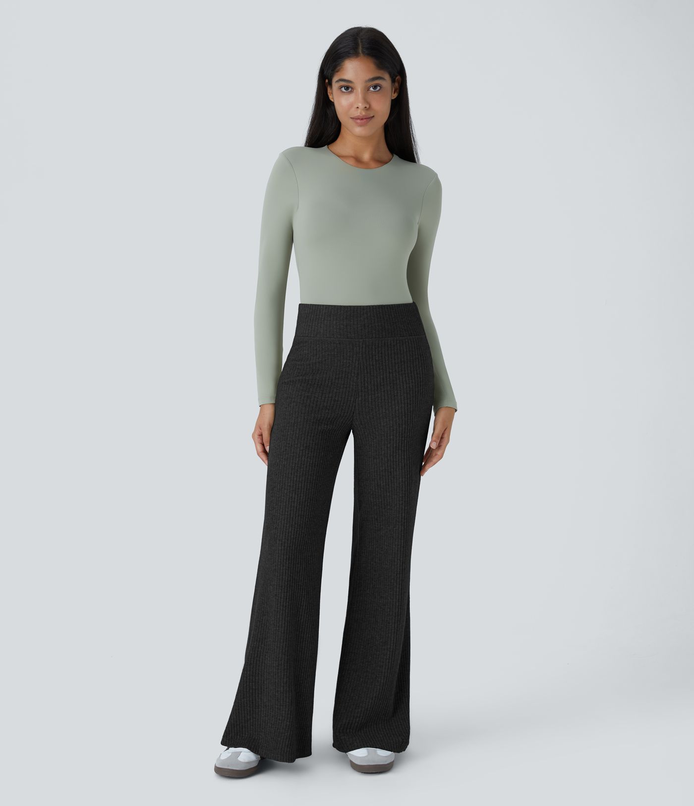 Ribbed knit high waist back pocket casual flare pants