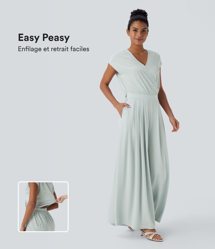 Combinaison décontractée en tissu gaufré, col V, manches courtes, jambes larges et poches latérales - Easy Peasy Edition