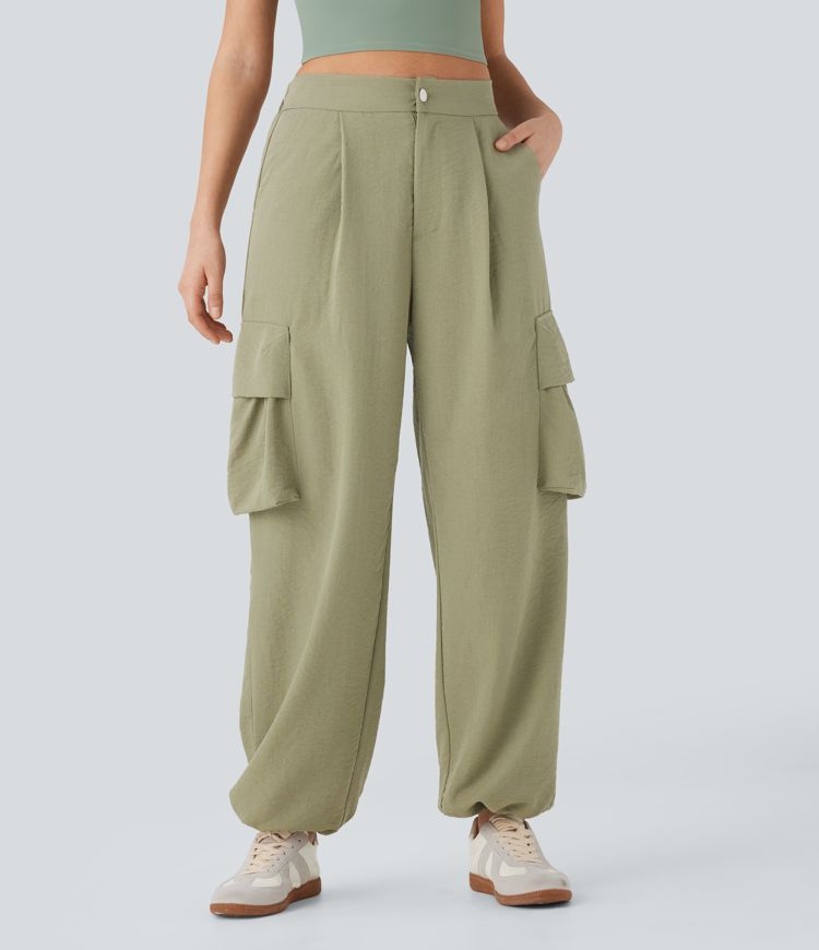 High Waisted Adjustable Drawstring Hem Linen-Feel Casual Cargo Pants with Pockets