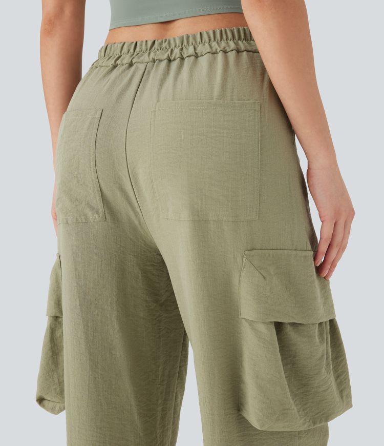 High Waisted Adjustable Drawstring Hem Linen-Feel Casual Cargo Pants with Pockets