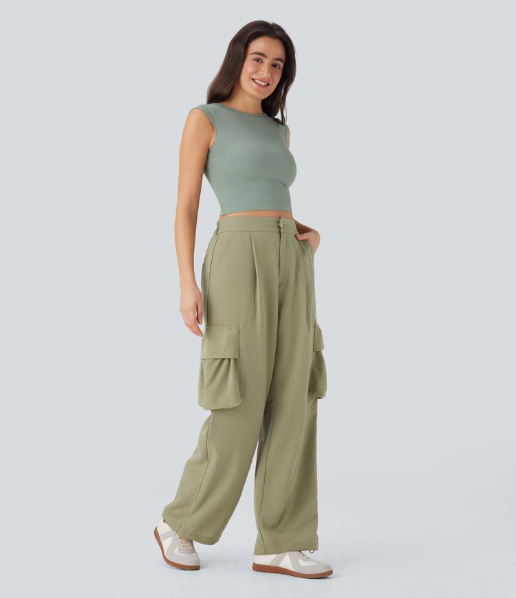 High Waisted Adjustable Drawstring Hem Linen-Feel Casual Cargo Pants with Pockets