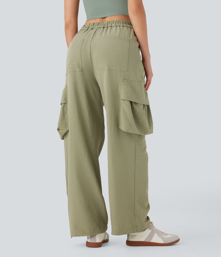High Waisted Adjustable Drawstring Hem Linen-Feel Casual Cargo Pants with Pockets