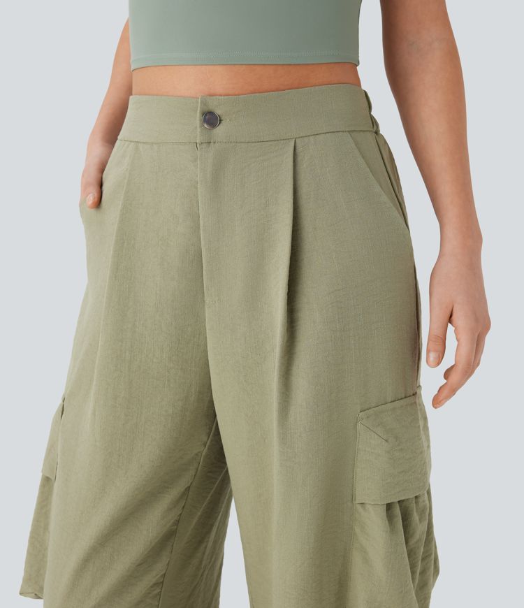 High Waisted Adjustable Drawstring Hem Linen-Feel Casual Cargo Pants with Pockets