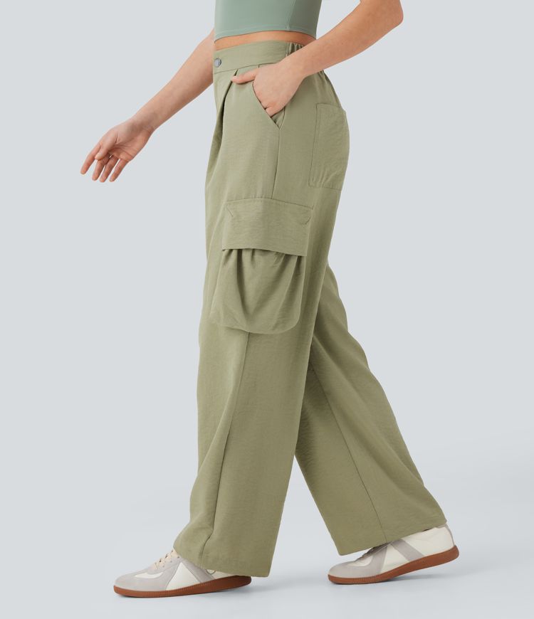 High Waisted Adjustable Drawstring Hem Linen-Feel Casual Cargo Pants with Pockets
