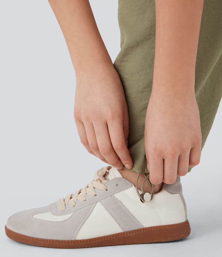 High Waisted Adjustable Drawstring Hem Linen-Feel Casual Cargo Pants with Pockets