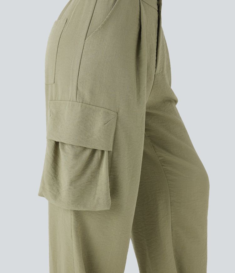 High Waisted Adjustable Drawstring Hem Linen-Feel Casual Cargo Pants with Pockets