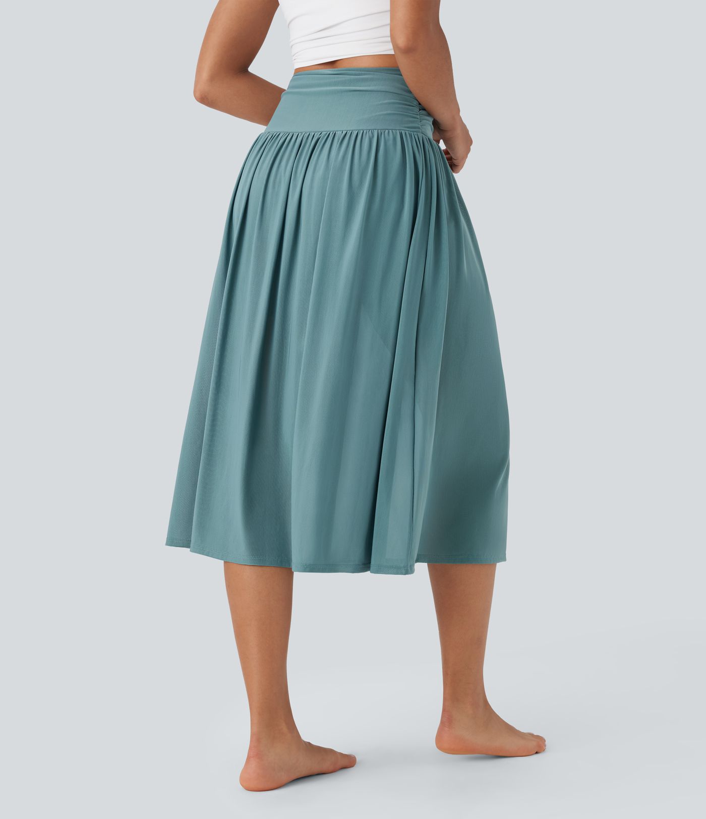 High Waisted 2-in-1 Split Flowy Midi Dance Skirt with Side Pocket