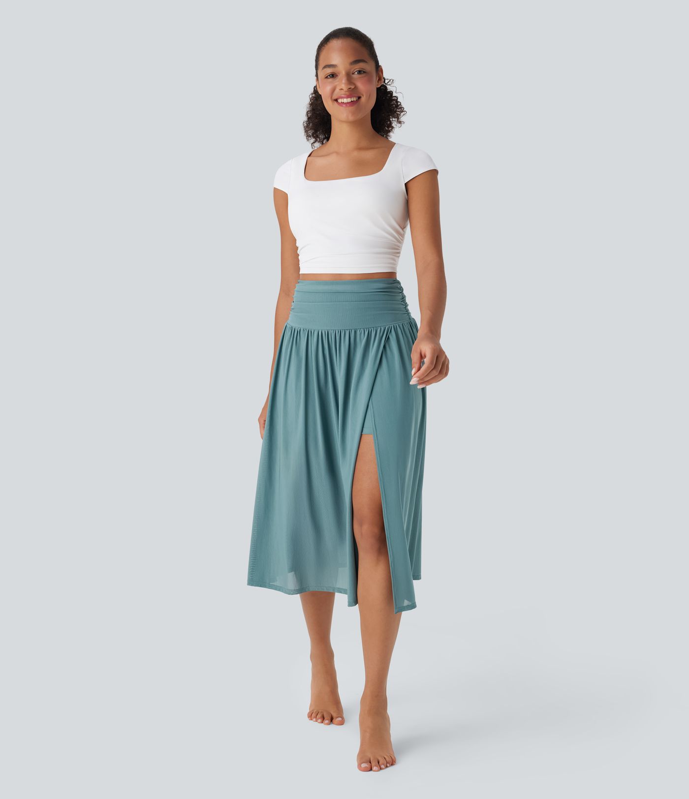 High Waisted 2-in-1 Split Flowy Midi Dance Skirt with Side Pocket