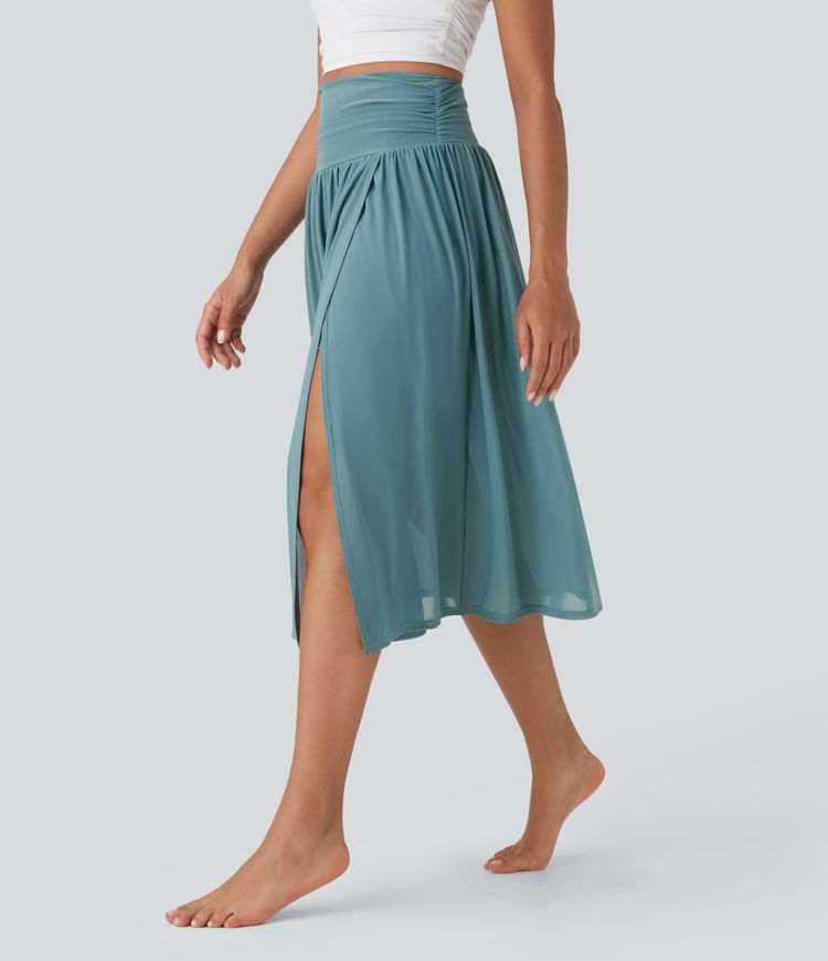 High Waisted 2-in-1 Flowy Midi Dance Skirt with Pocket