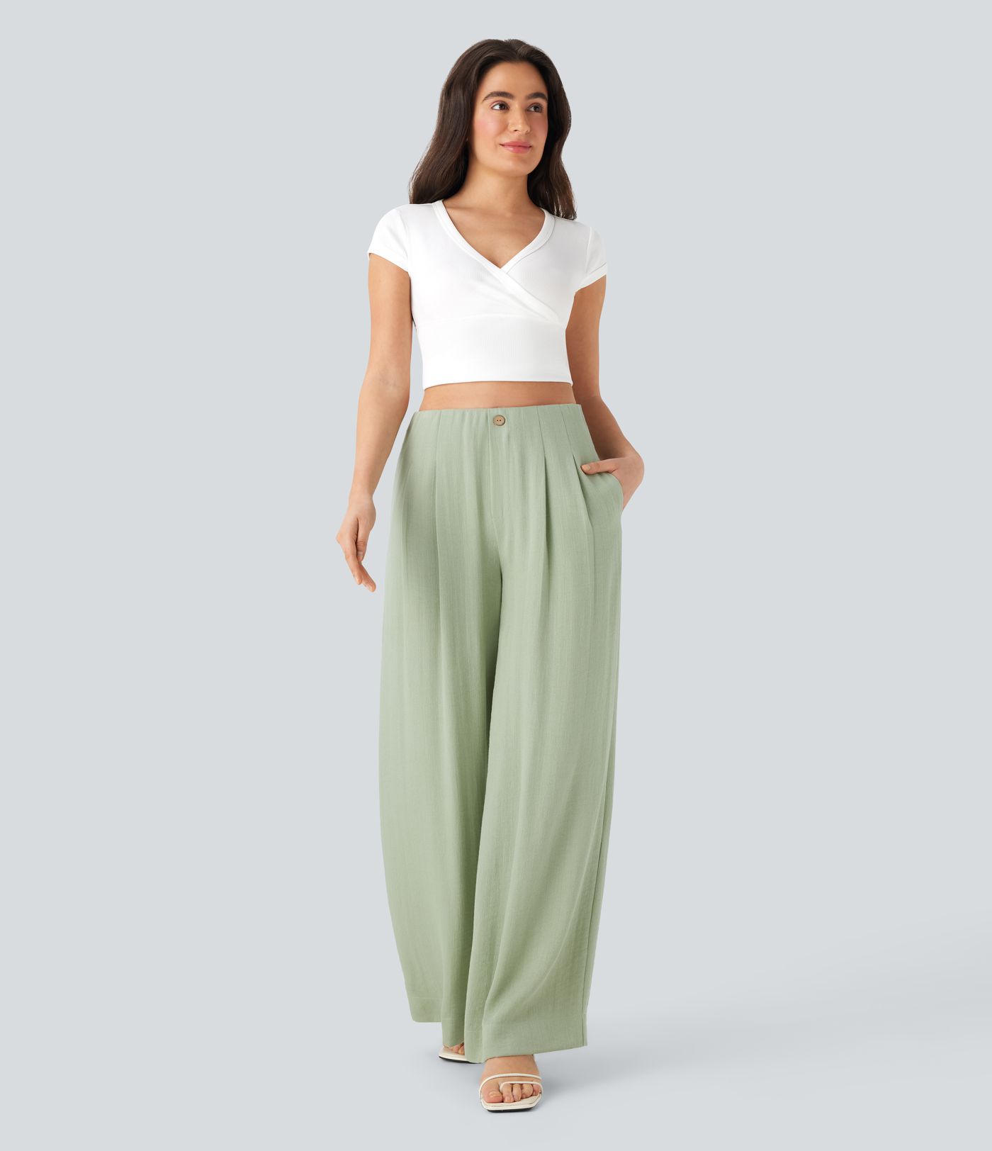High Waisted Casual Linen-Feel Pants with Pockets