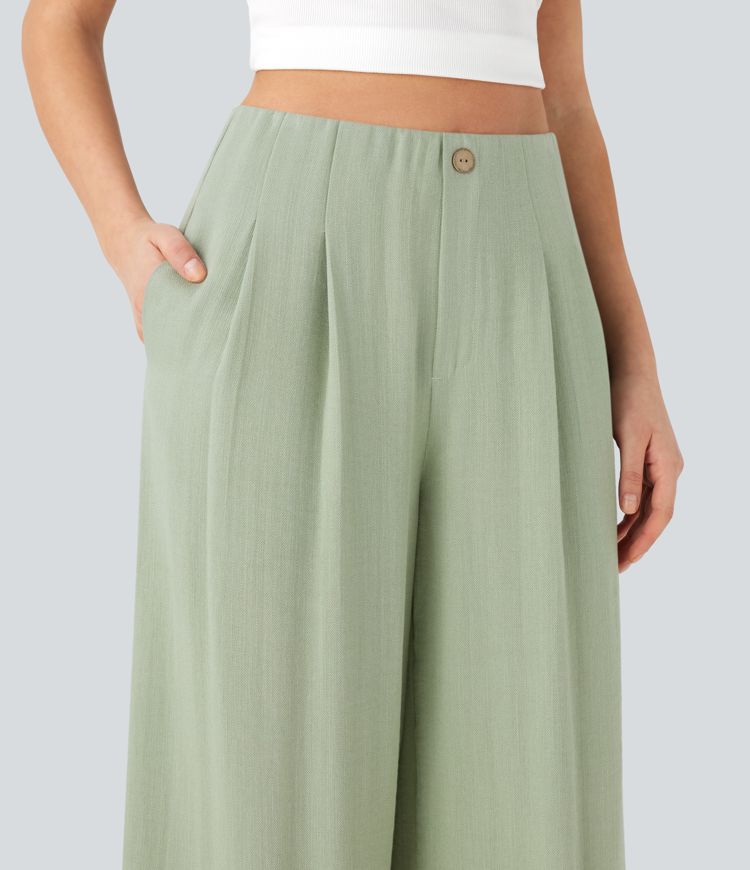 High Waisted Casual Linen-Feel Pants with Pockets