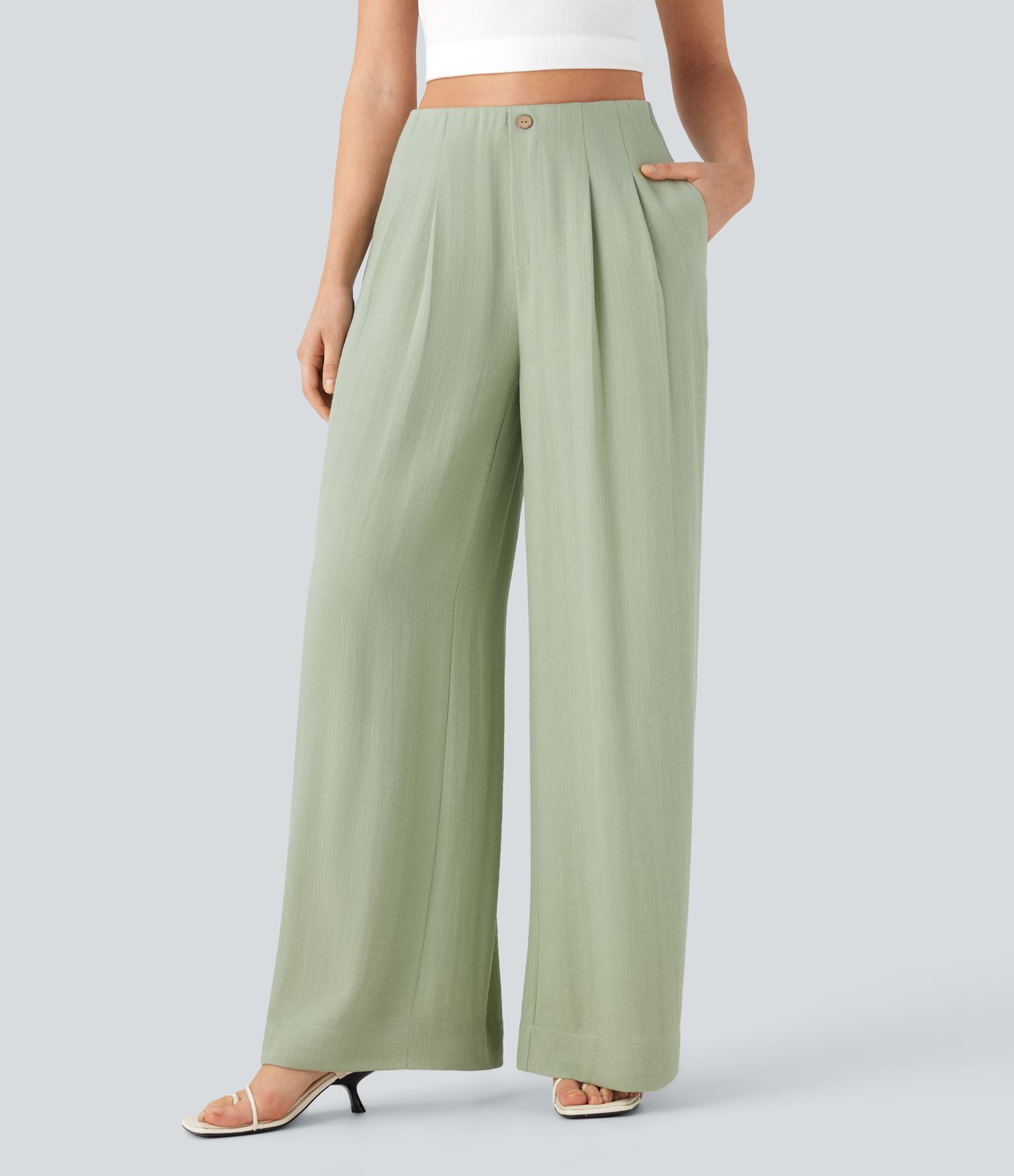 High Waisted Casual Linen-Feel Pants with Pockets