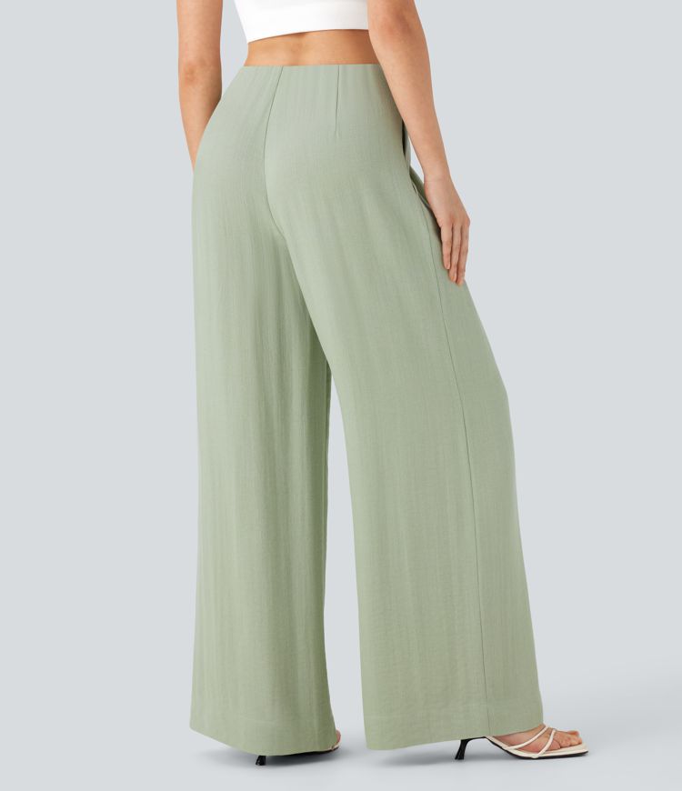 High Waisted Casual Linen-Feel Pants with Pockets