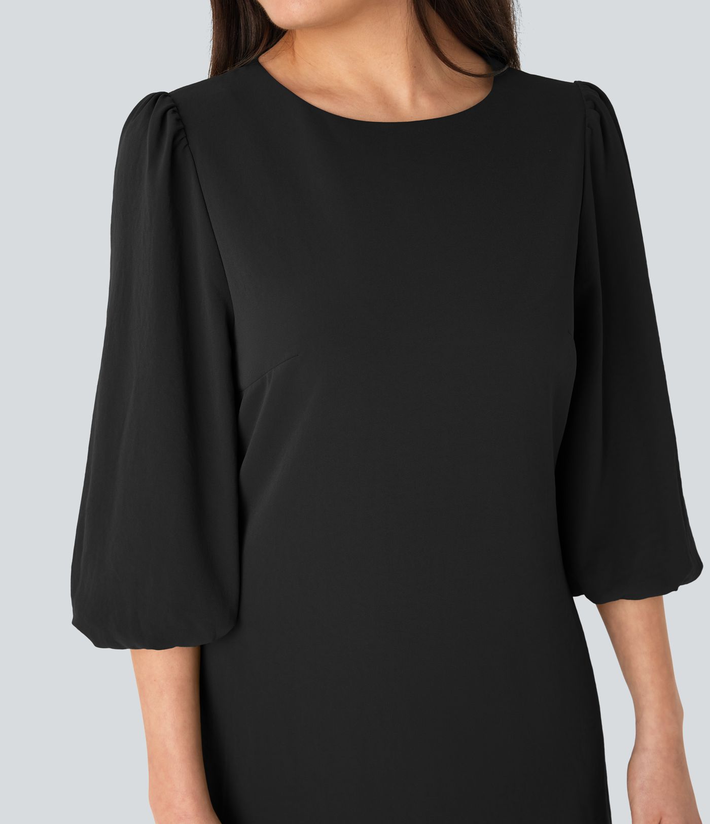 Round Neck Puff Sleeve Mini Work Linen-Feel Dress