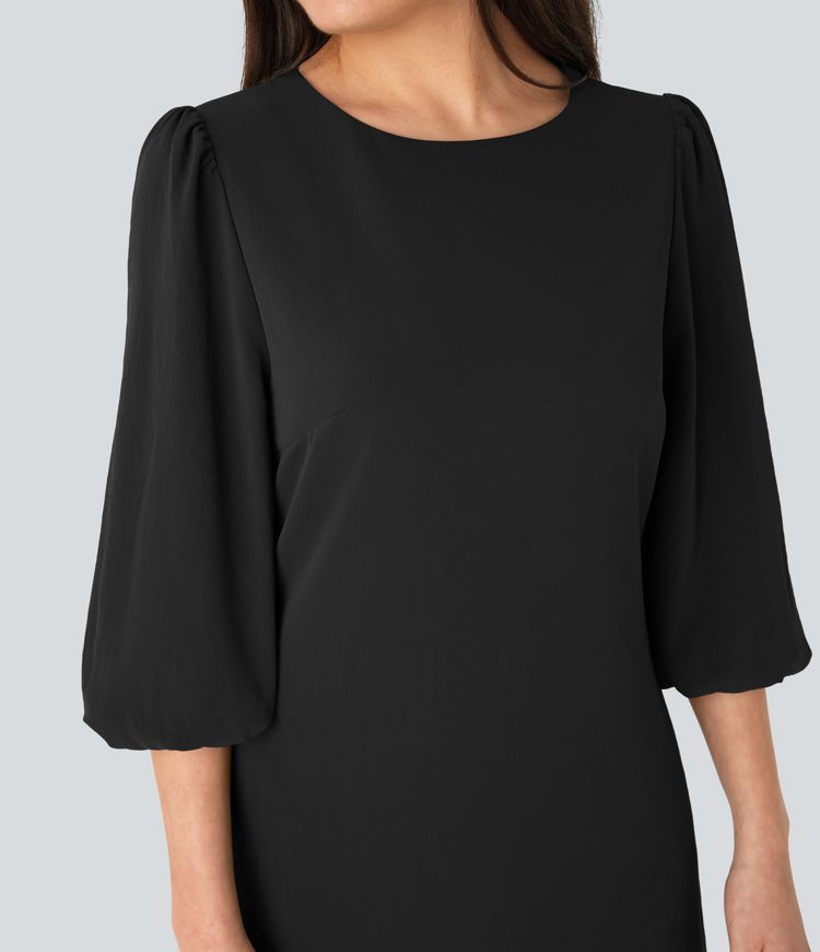 Robe de travail mini aspect lin col rond avec manches bouffantes