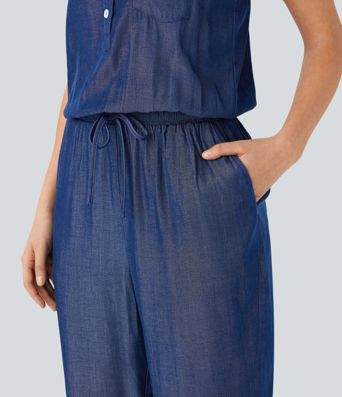 Drawstring Tapered Denim Like Casual Jumpsuit with Pockets
