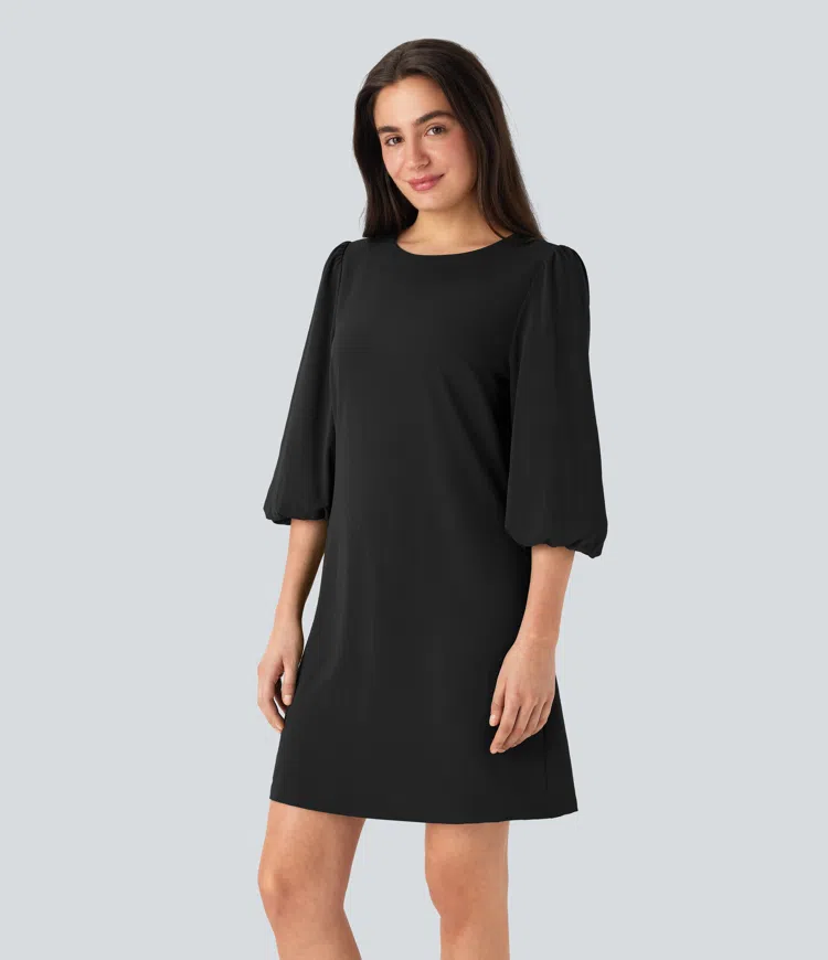 Round Neck Puff Sleeve Mini Work Linen-Feel Dress