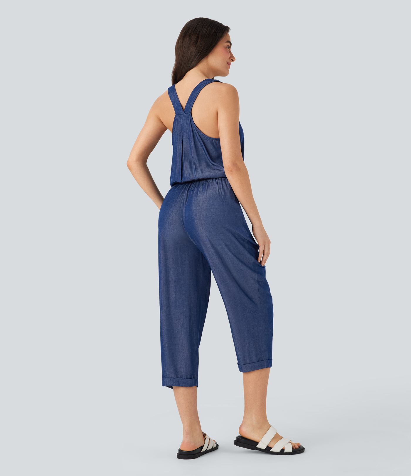 Drawstring Tapered Denim Like Casual Jumpsuit with Pockets