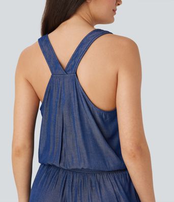 Drawstring Tapered Denim Like Casual Jumpsuit with Pockets