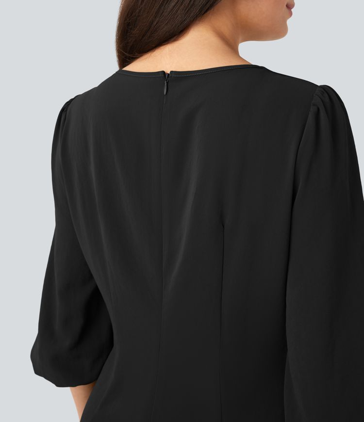 Robe de travail mini aspect lin col rond avec manches bouffantes