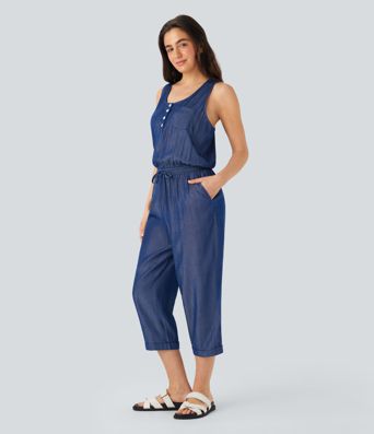 Drawstring Tapered Denim Like Casual Jumpsuit with Pockets