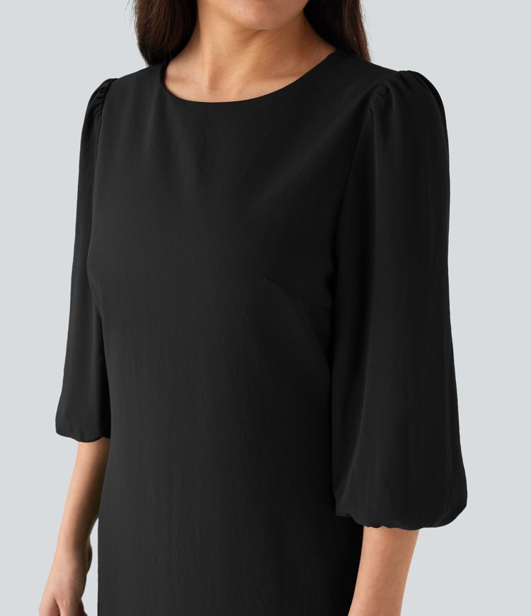 Robe de travail mini aspect lin col rond avec manches bouffantes