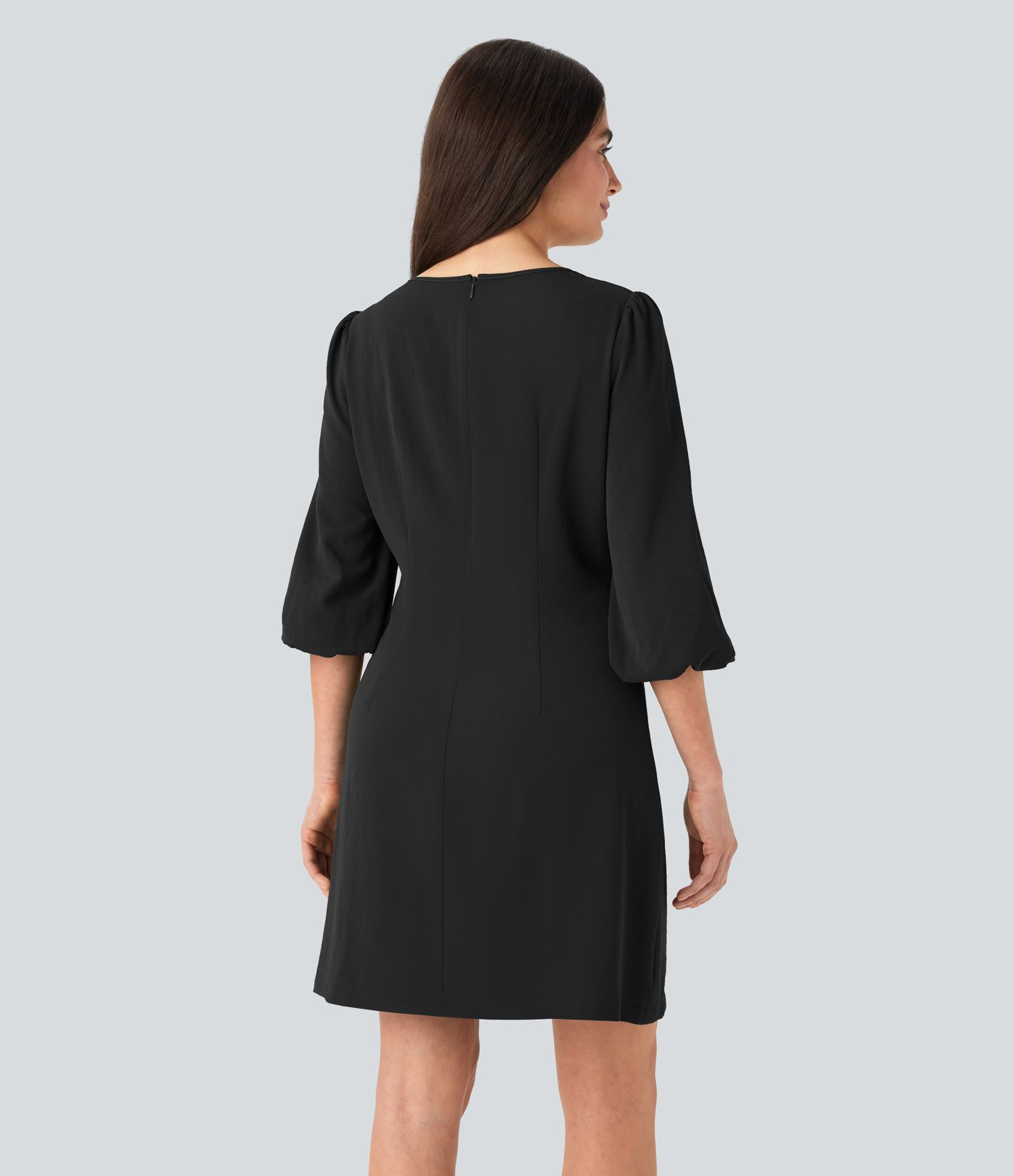 Round Neck Puff Sleeve Mini Work Linen-Feel Dress