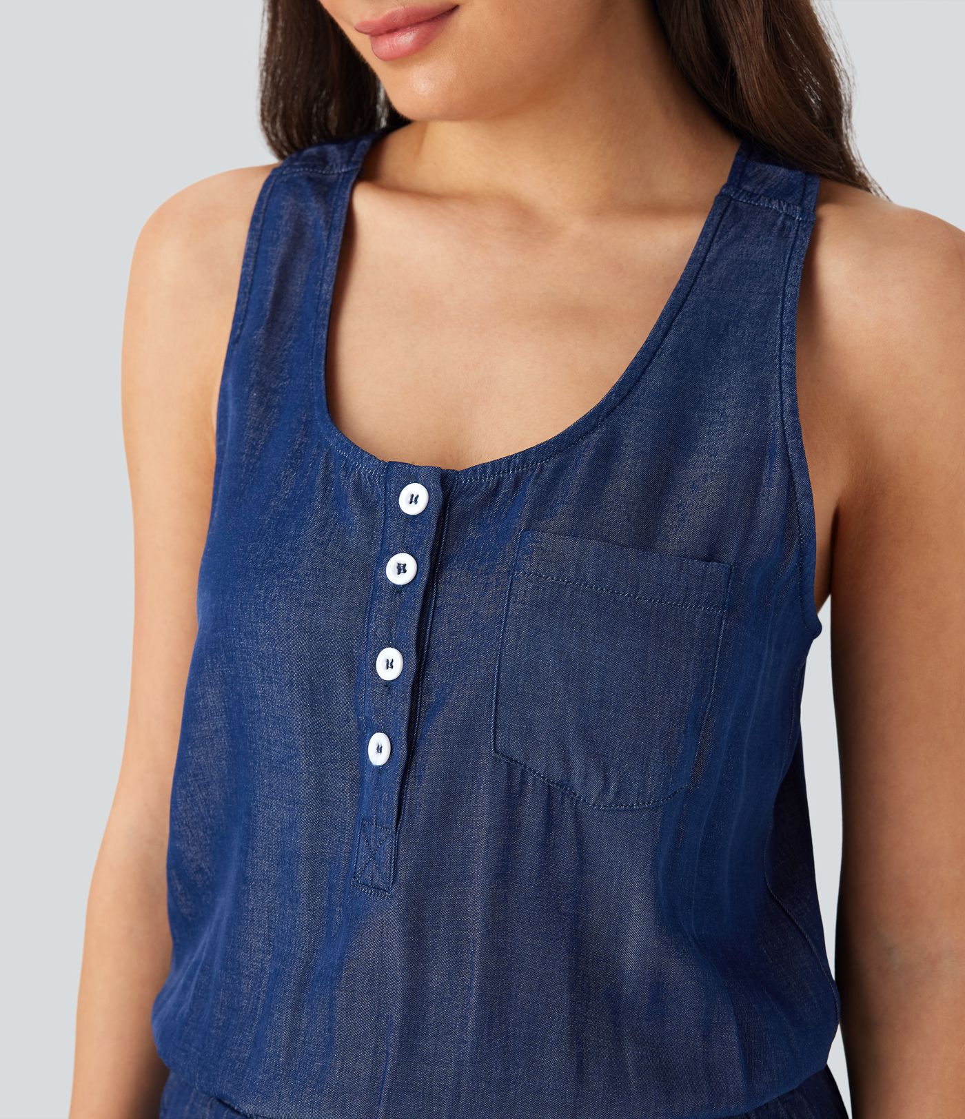 Drawstring Tapered Denim Like Casual Jumpsuit with Pockets